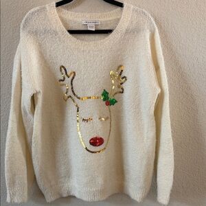 99 Jane Street Cream Christmas Sweater with Gold Reindeer Design